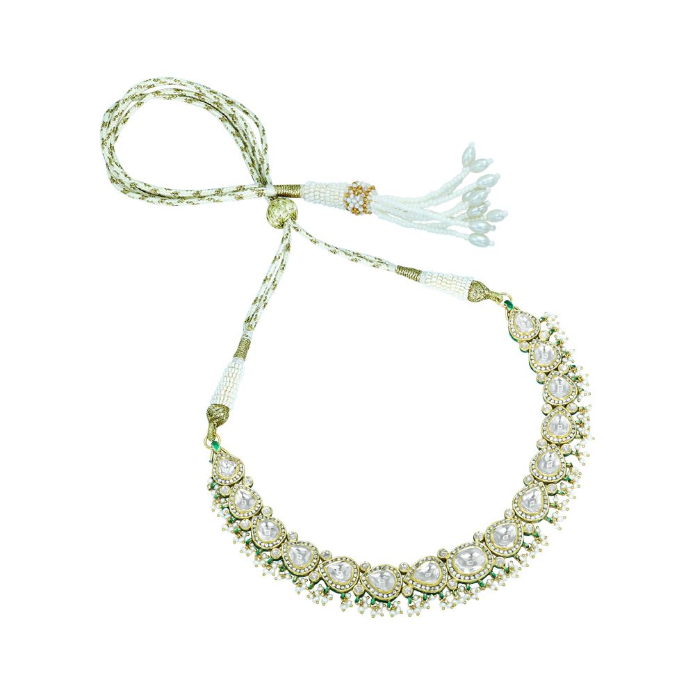 Pear-Shaped Polki Necklace with Gold Detailing and Pearls